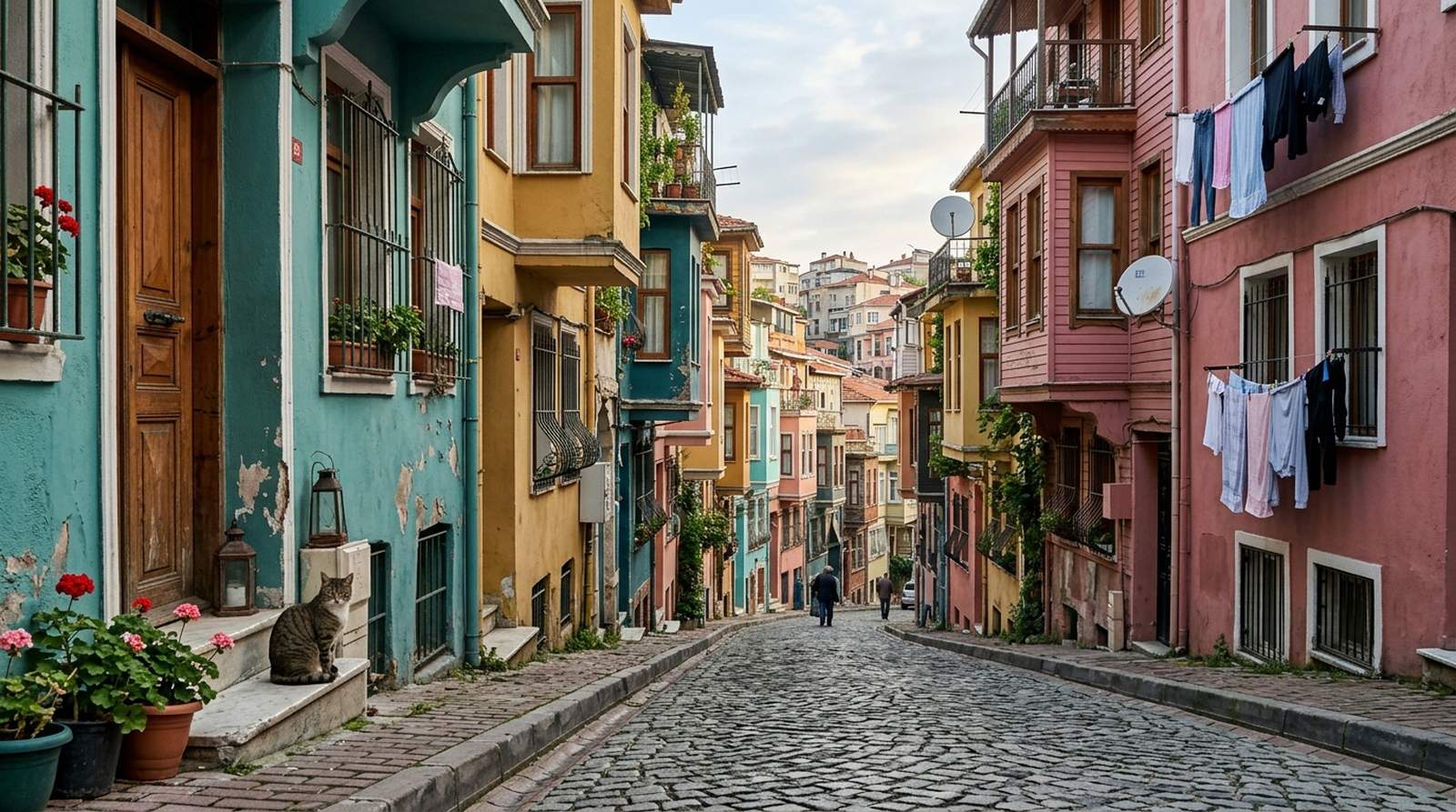 Colorful historic houses on a steep cobbled street in Balat, Istanbul