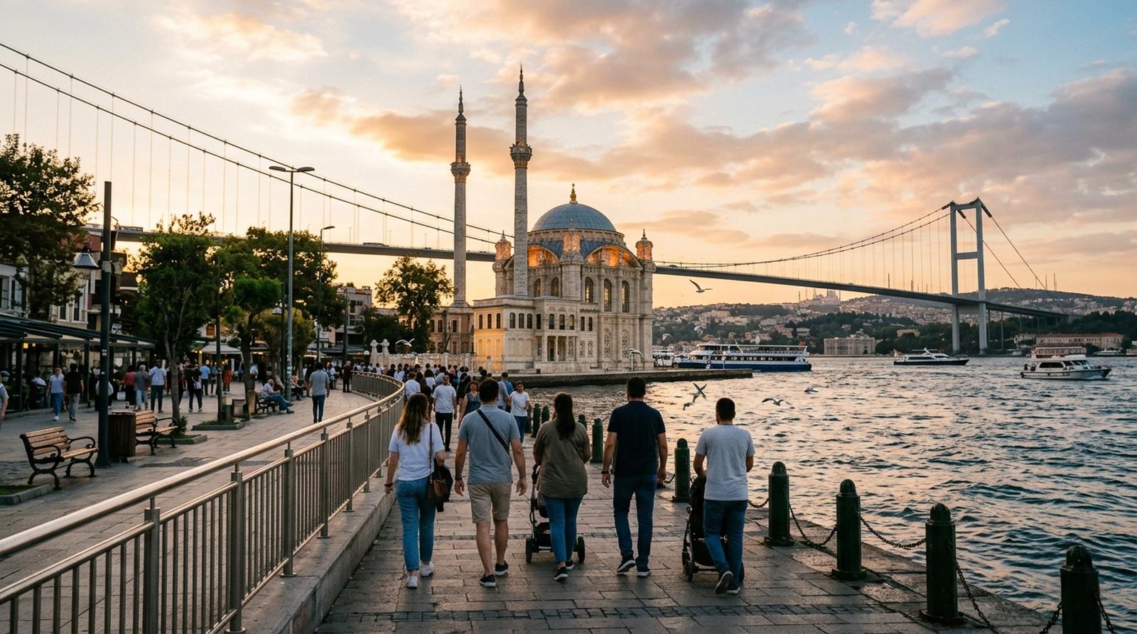 Waterfront walking path on the Bosphorus shore approaching Ortaköy Mosque and the bridge