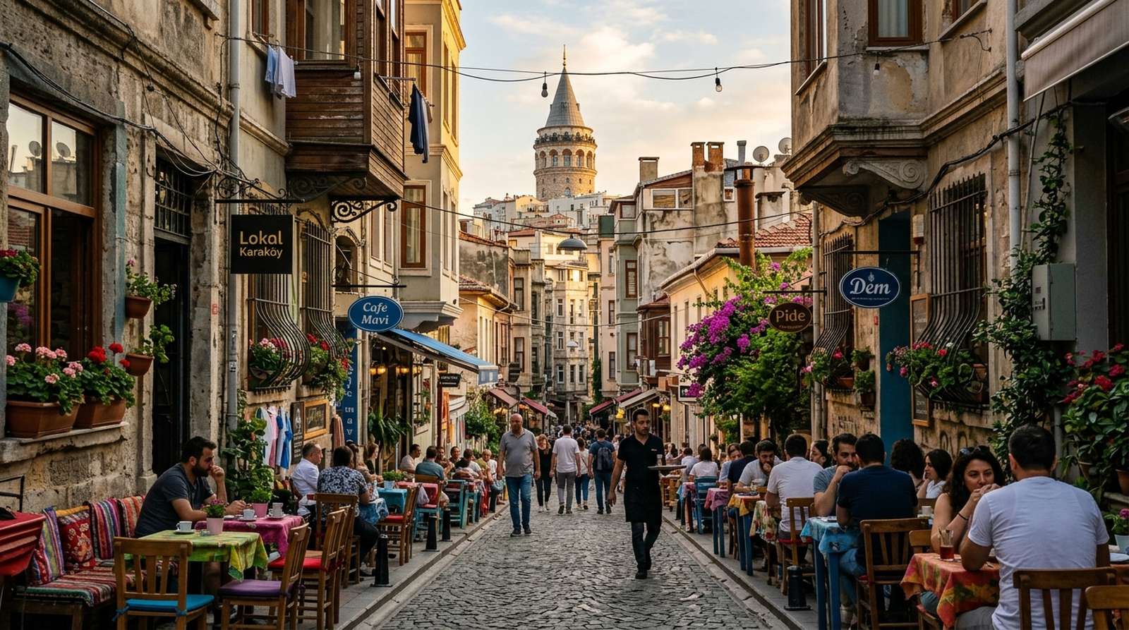 Narrow café-lined alley in Karaköy with Galata Tower visible above the rooftops