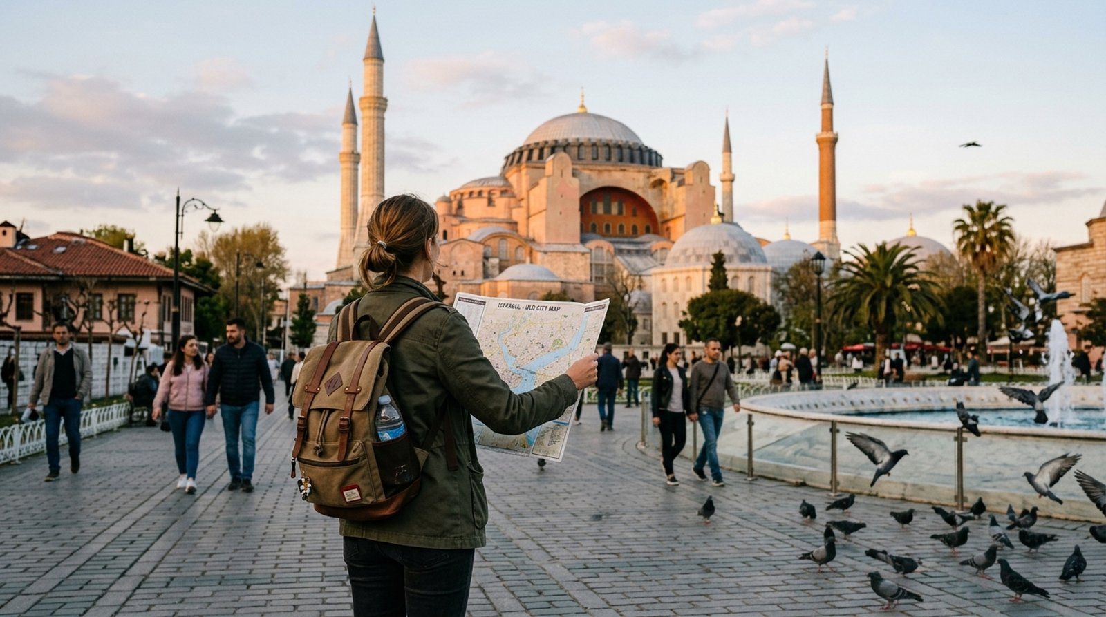 Traveler holding an open paper map on Sultanahmet square, with the domes and minarets of Hagia Sophia behind